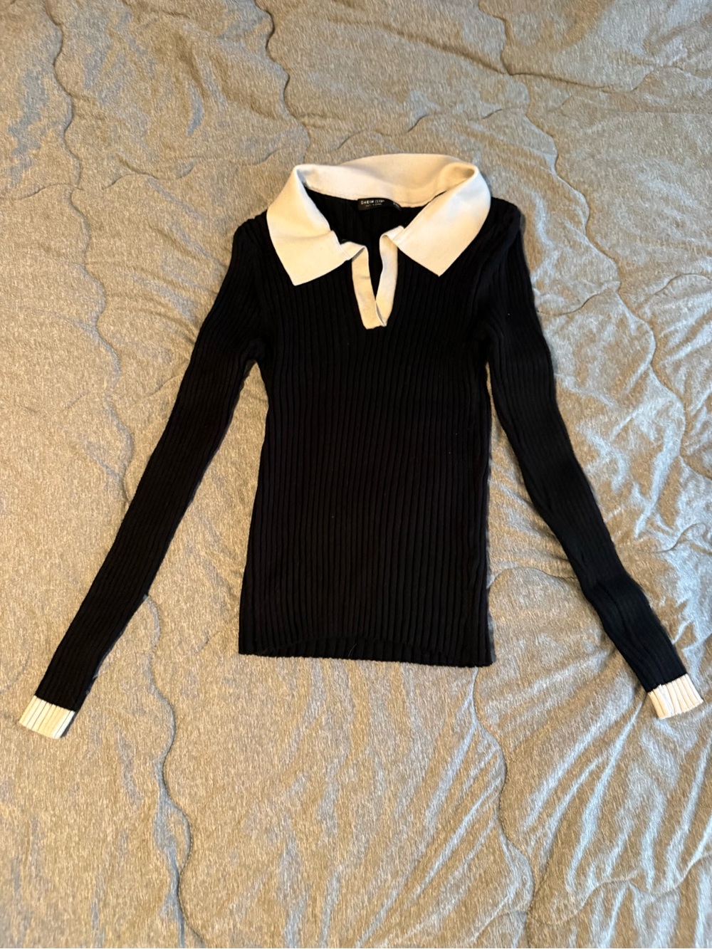 SHEIN Black Ribbed V-Neck Sweater with White Polo Collar